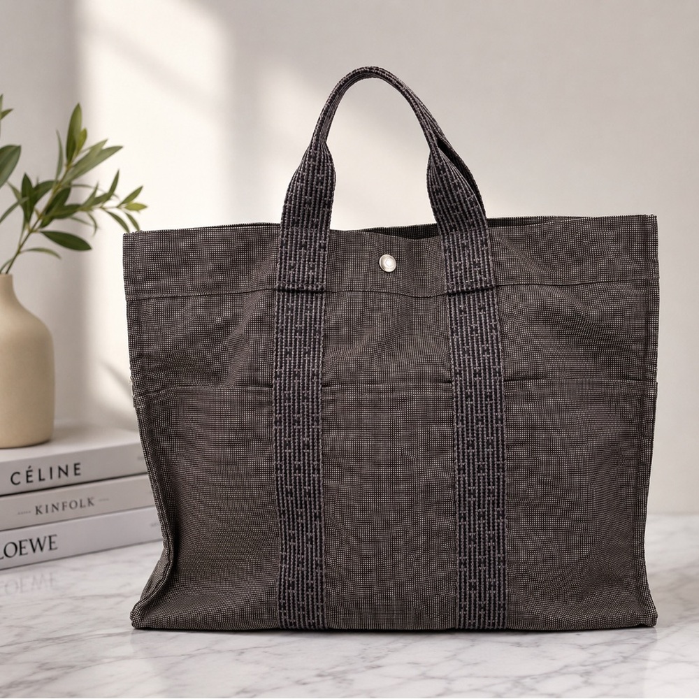 Hermes Herline MM Tote Bag Gray Canvas Vintage Unisex Authentic